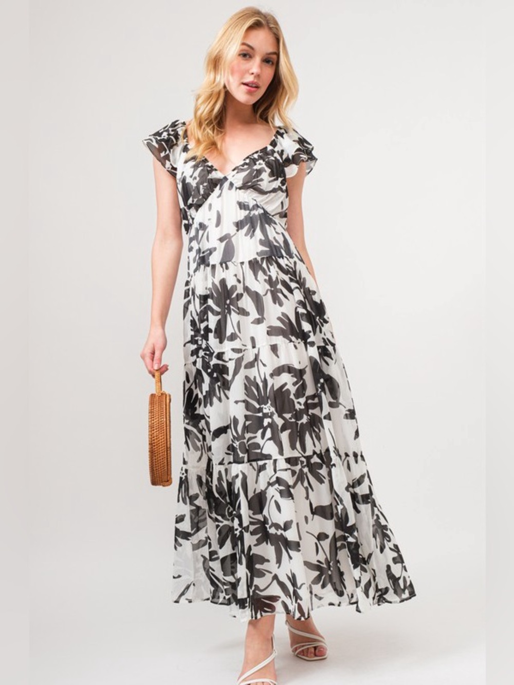And The Why Ruffled Sleeve Tiered Floral Print Maxi Dress